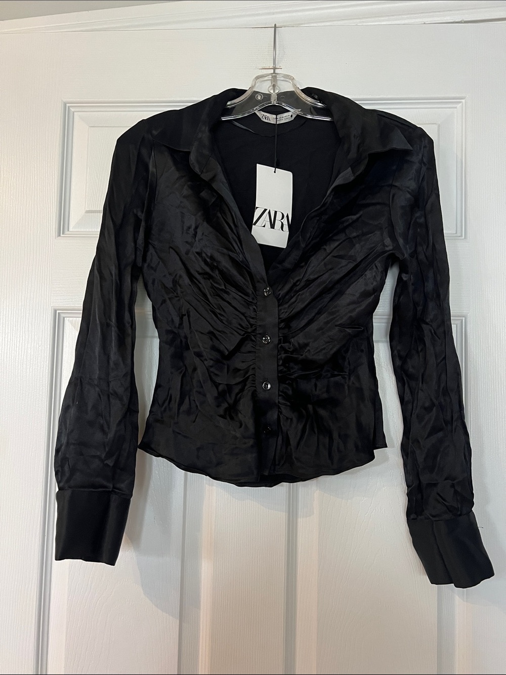 ZARA Black Satin Ruched Button-Front Blouse